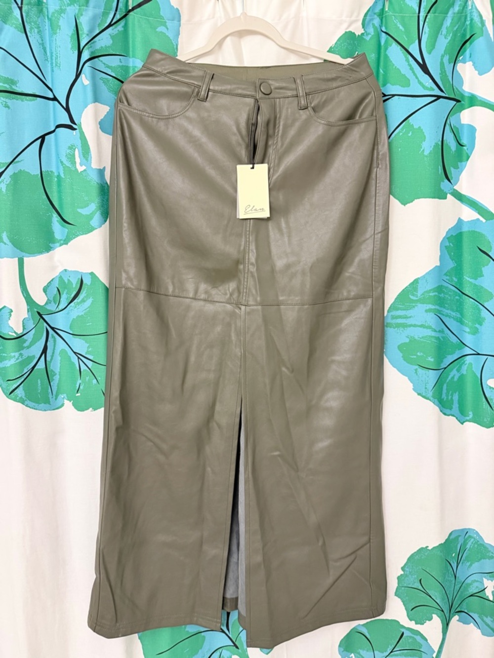 Elan Olive Faux Leather Midi Skirt with Front Slit